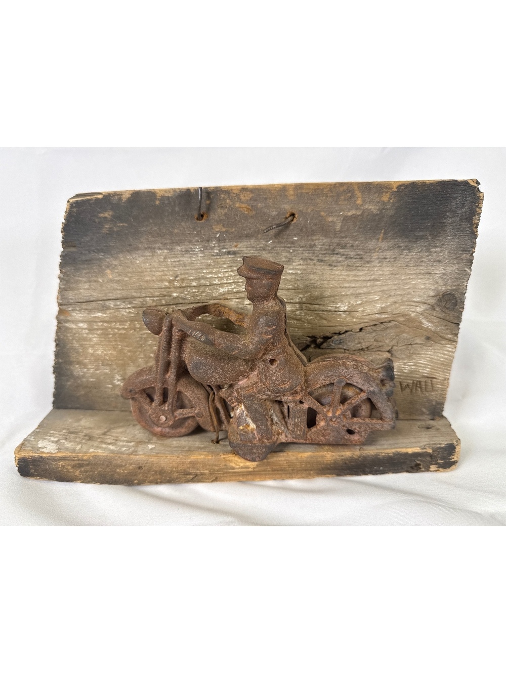 Rustic Vintage Cast Iron Motorcycle Figurine on Wooden Base